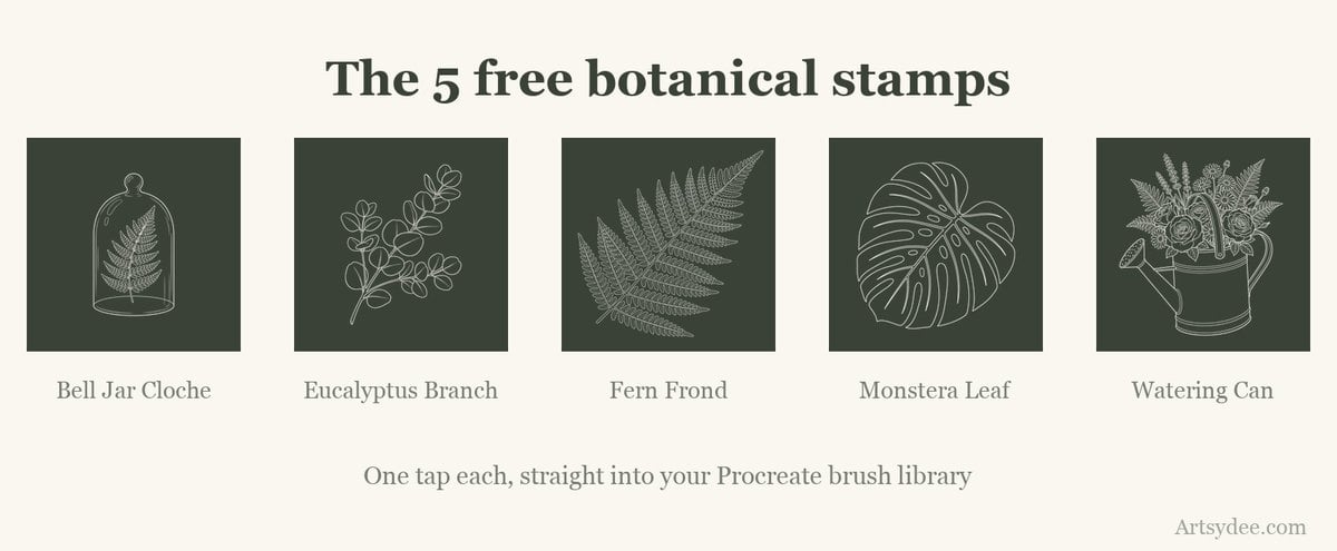 The five free botanical Procreate stamps: bell jar, eucalyptus, fern, monstera and watering can