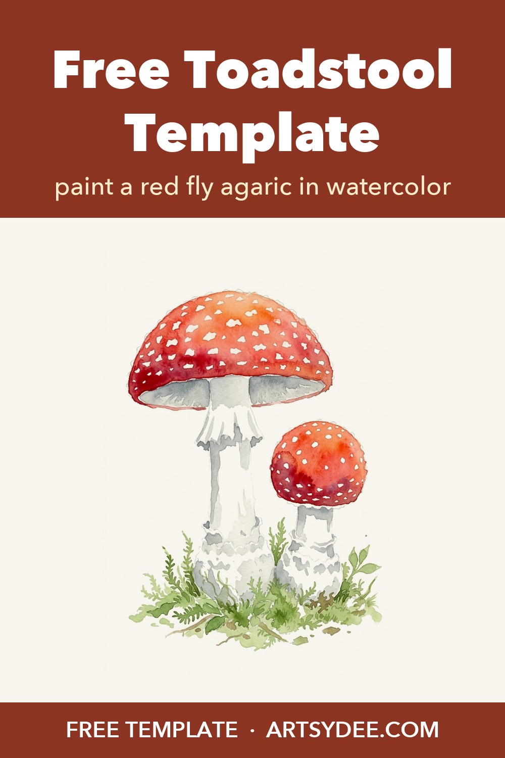 Free fly agaric toadstool watercolor template pin: a painted reference of a red toadstool with white spots in green moss