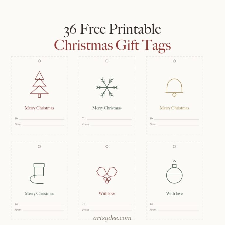 36 free printable Christmas gift tags - line-drawn trees, stars, baubles and bells, each with a To and From line