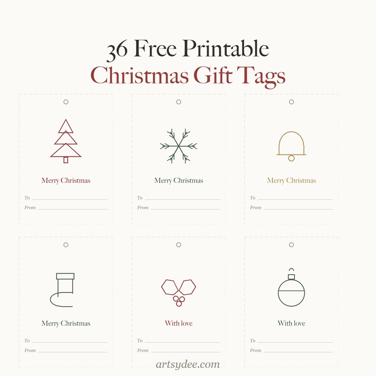36 free printable Christmas gift tags - line-drawn trees, stars, baubles and bells, each with a To and From line