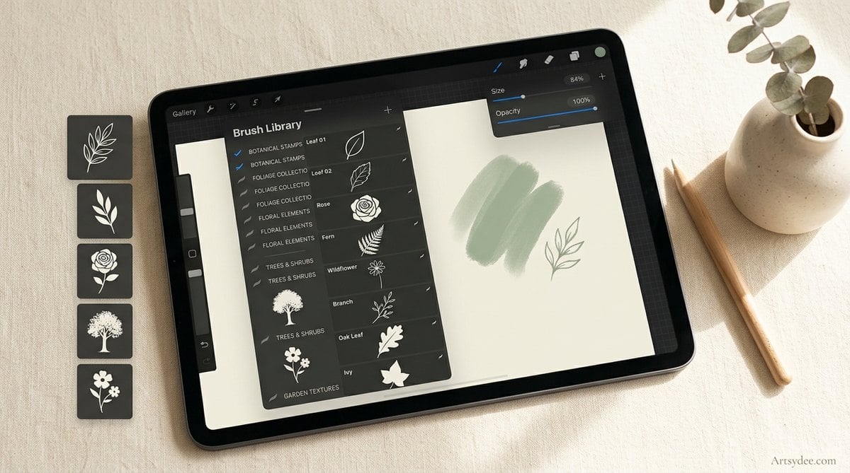 A Procreate brush library showing installed free brush sets