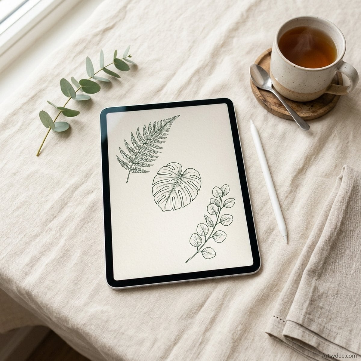 An iPad on a linen tablecloth showing three line-drawn botanical stamps - a fern frond, a monstera leaf and a eucalyptus sprig - with a stylus and a cup of tea beside it.