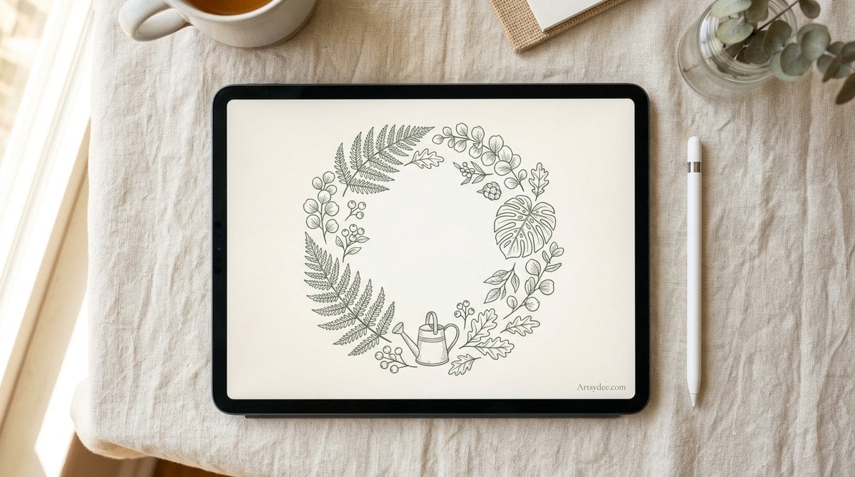A botanical wreath drawn with free Procreate stamp brushes