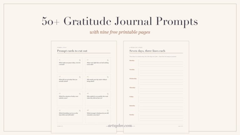 Two of the free printable gratitude journal pages: a sheet of cut-out prompt cards and a week-to-a-page sheet