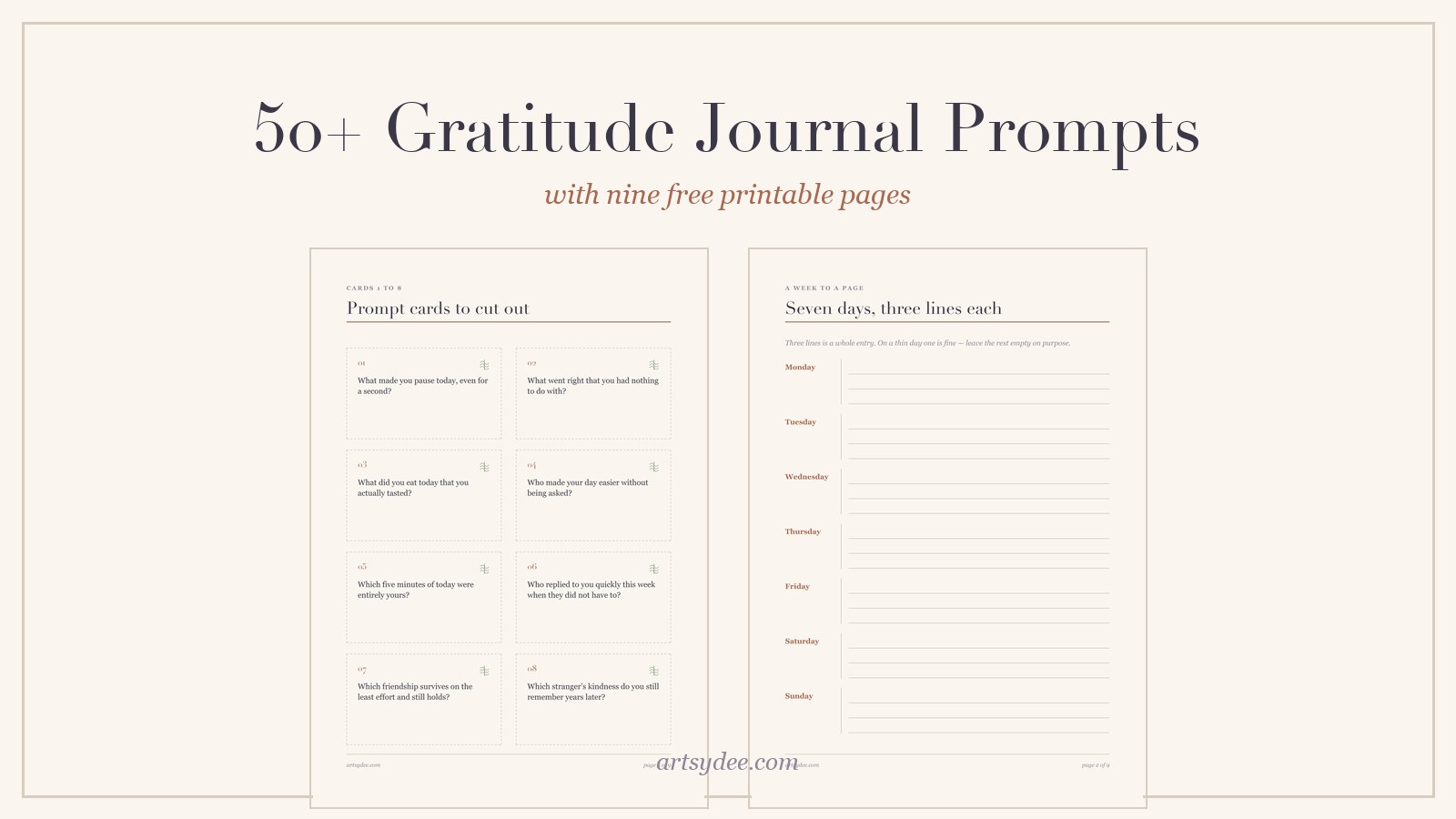 Two of the free printable gratitude journal pages: a sheet of cut-out prompt cards and a week-to-a-page sheet