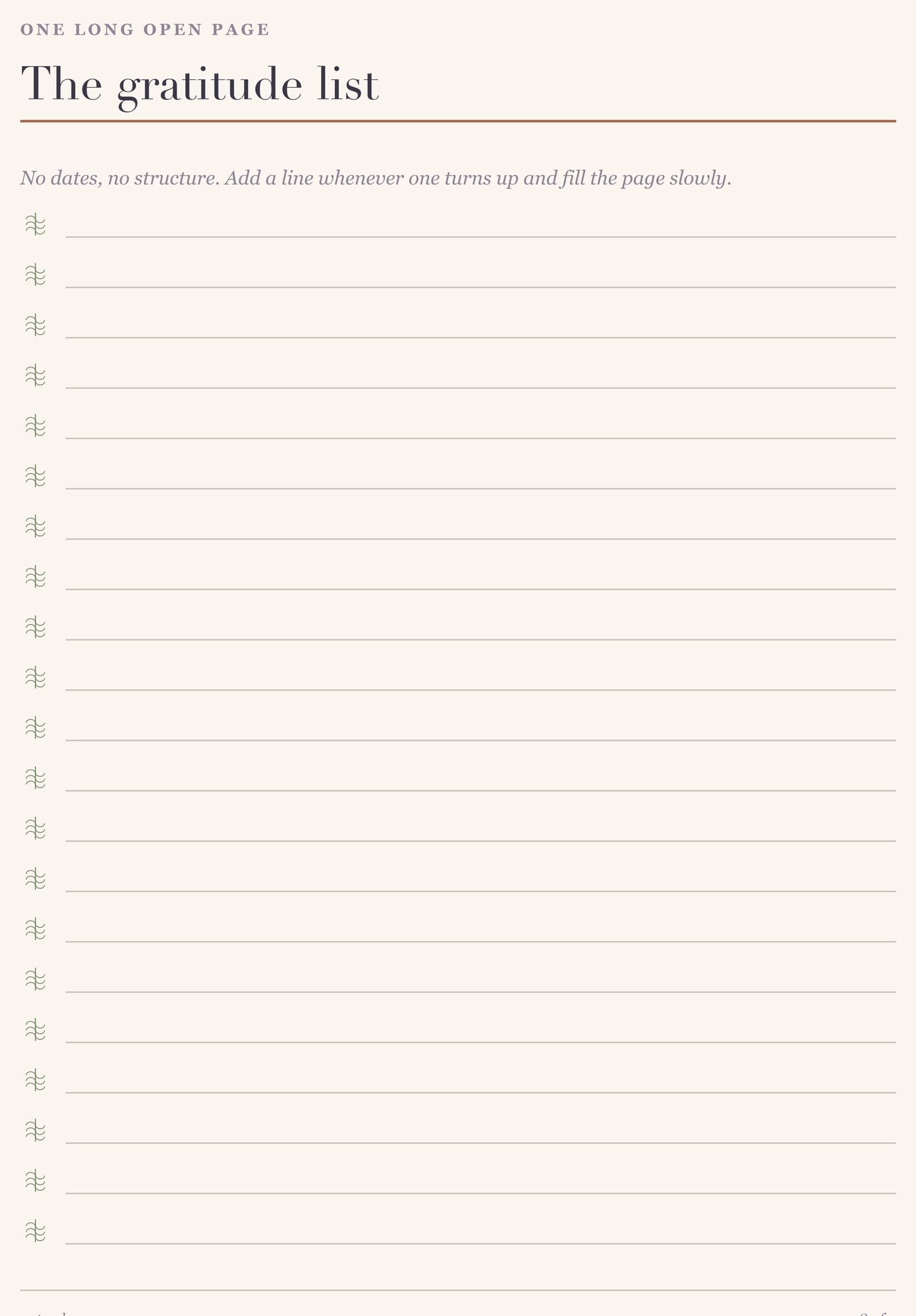 A printable open gratitude list page with a small drawn leaf sprig beside each ruled line