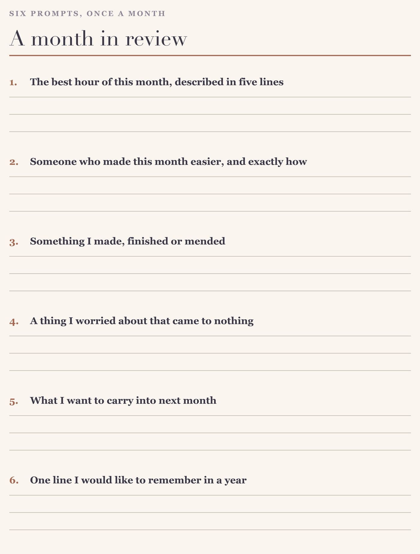 A printable month-in-review page with six written prompts and ruled lines under each