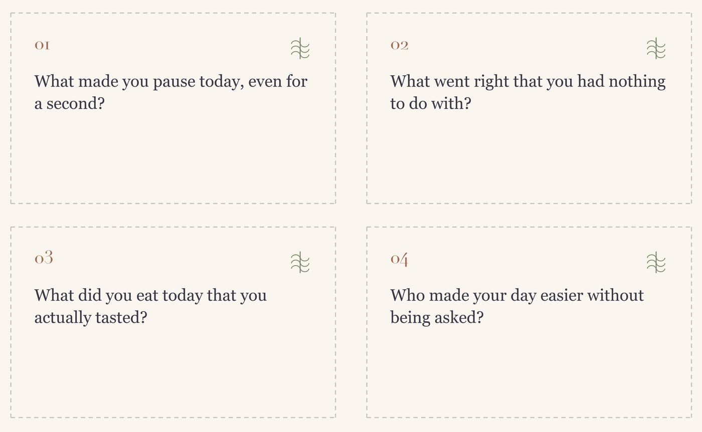 Four printable gratitude prompt cards with dotted cut lines, each carrying a different written prompt