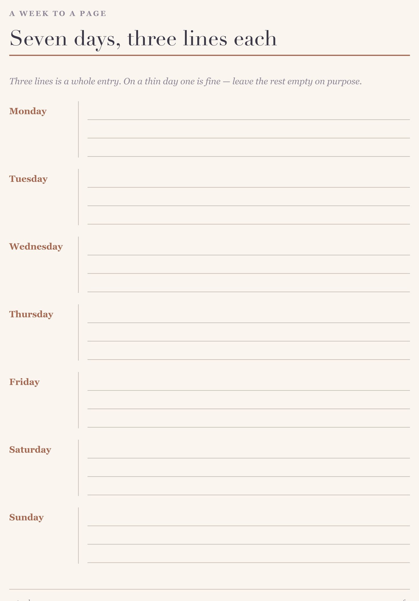 A printable week-to-a-page gratitude sheet with seven day blocks and three ruled lines under each day