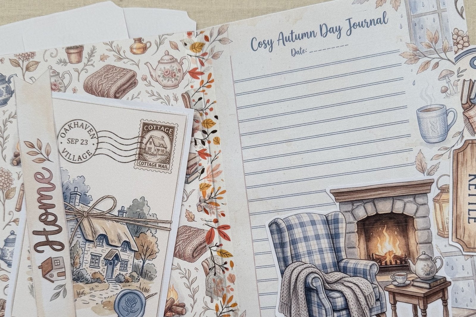 Dee's Rainy Cottage kit made up into a journal, open to a lined page with a fireplace illustration and a printed paper envelope alongside