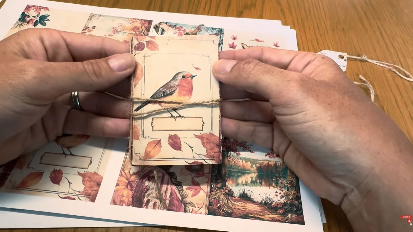 Hands holding a small autumn junk journal with a robin cover tied with twine