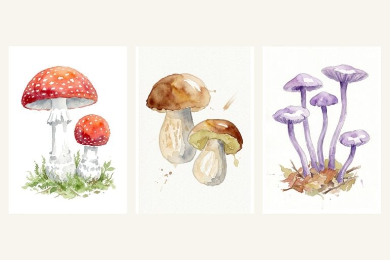 Three watercolor mushroom paintings side by side: a red fly agaric toadstool, a penny bun and purple amethyst deceivers