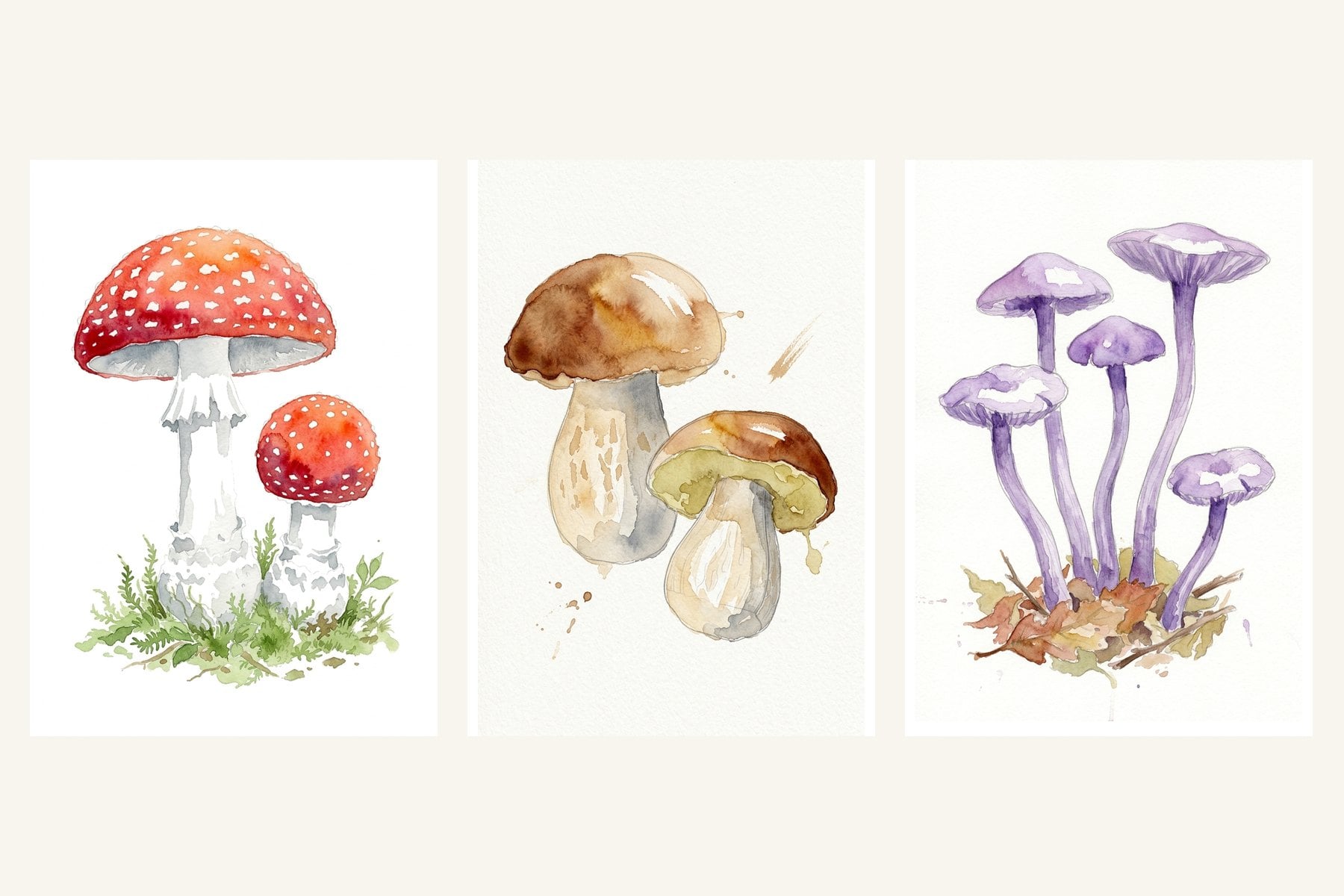 Three watercolor mushroom paintings side by side: a red fly agaric toadstool, a penny bun and purple amethyst deceivers