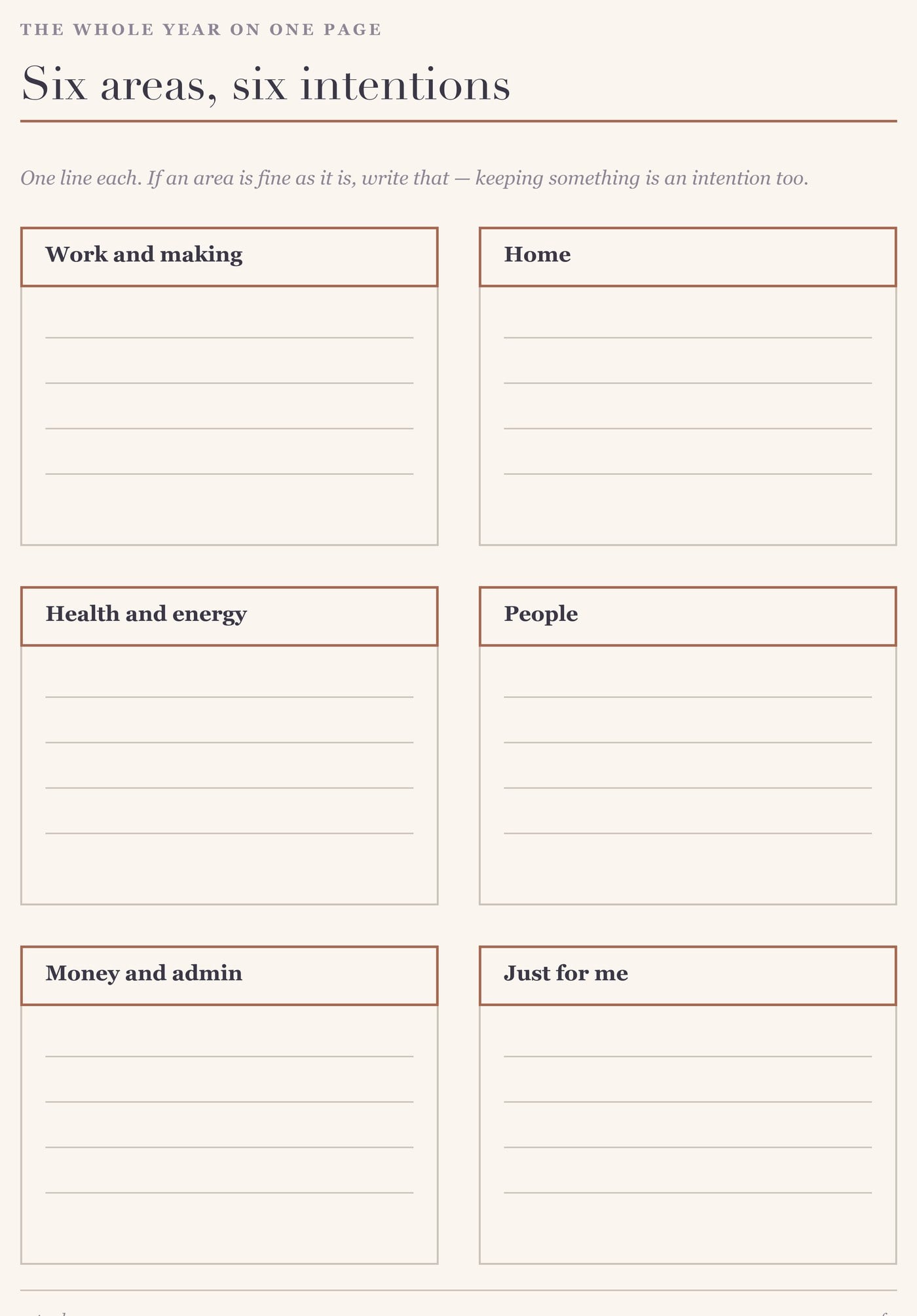 A printable six-area planning grid with labelled boxes for work, home, health, people, money and time for yourself