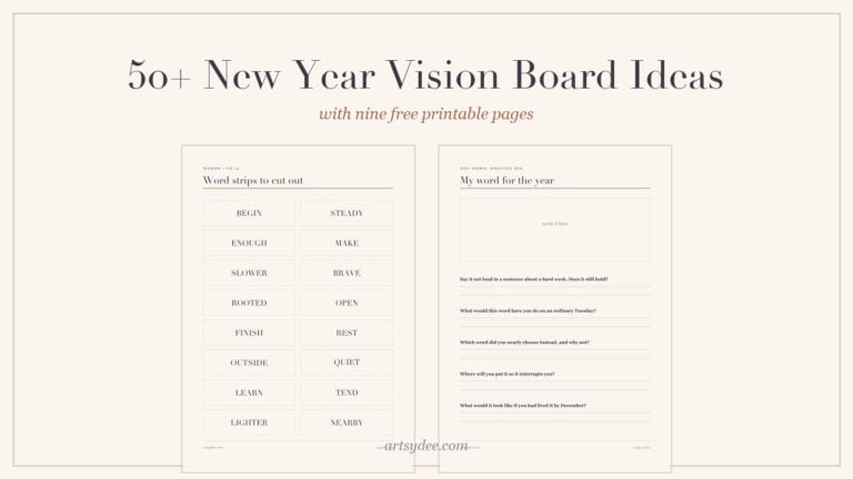 Two of the free printable vision board pages: a sheet of cut-out word strips and a word-of-the-year page
