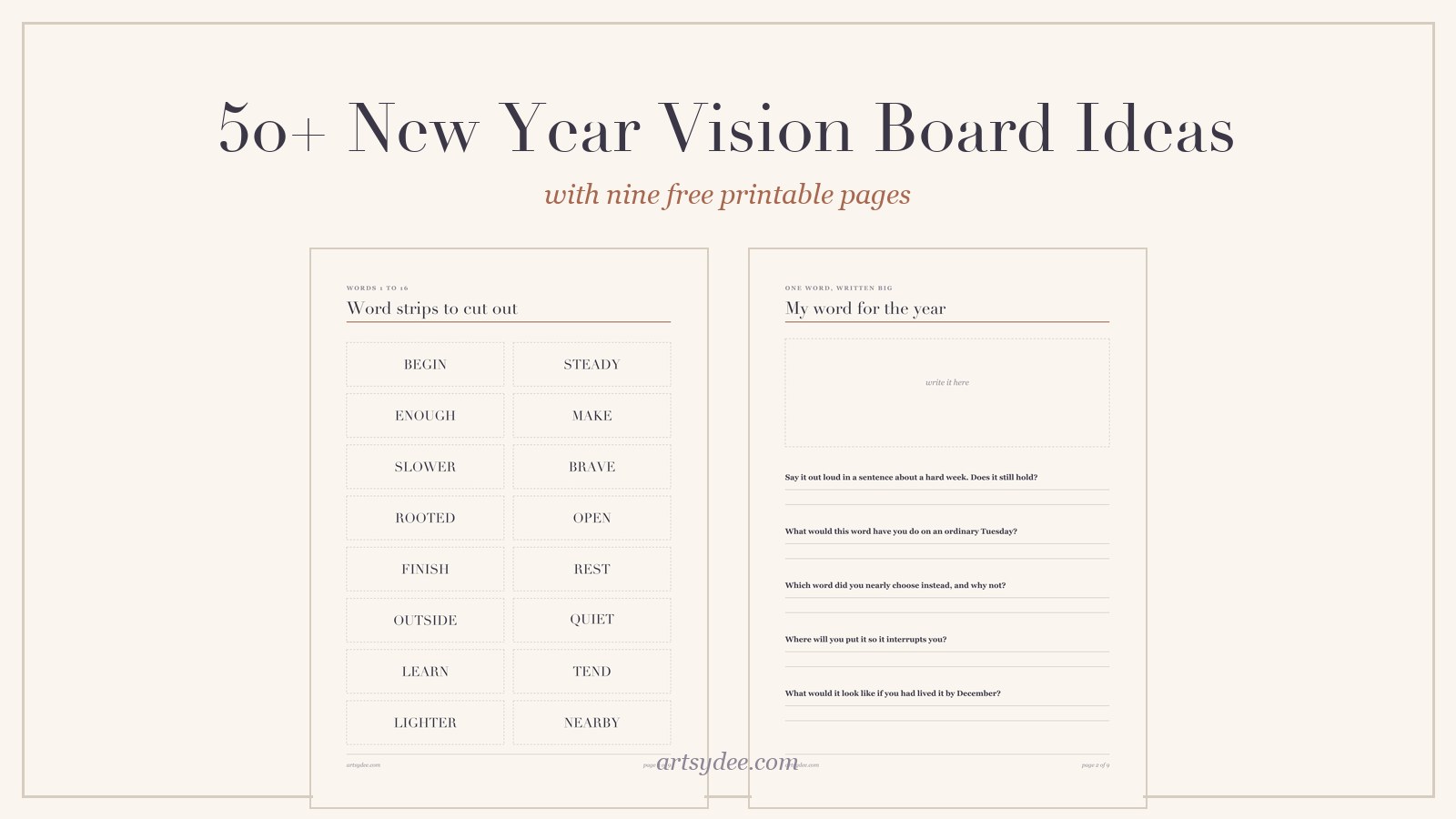 Two of the free printable vision board pages: a sheet of cut-out word strips and a word-of-the-year page