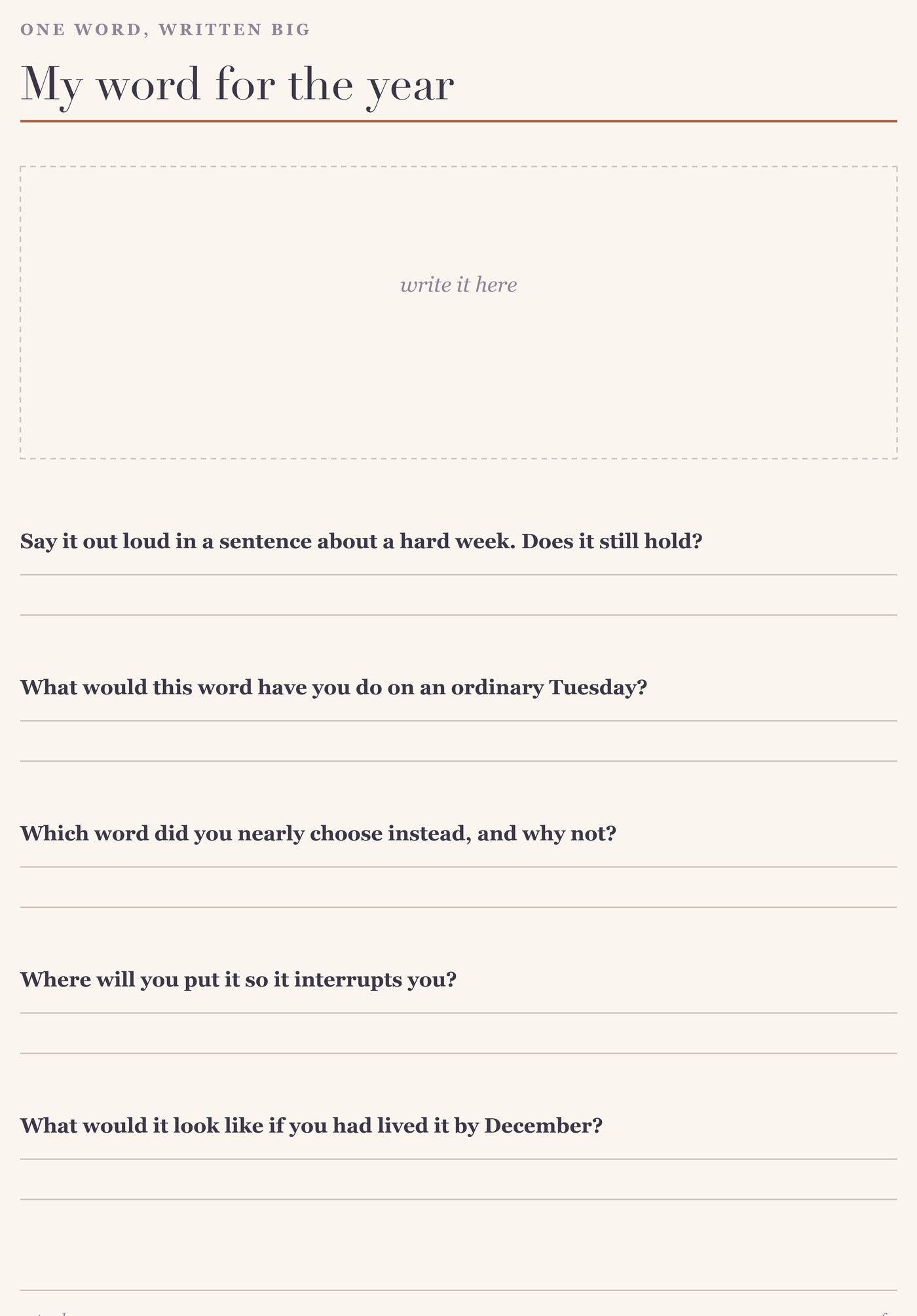 A printable word-of-the-year page with a large framed space and five written questions underneath