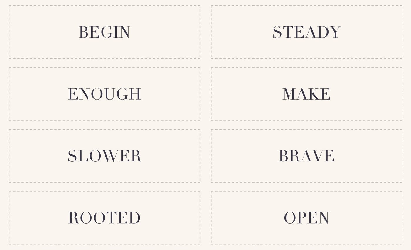 A printable sheet of cut-out vision board word strips, each word set in a dotted-edged box