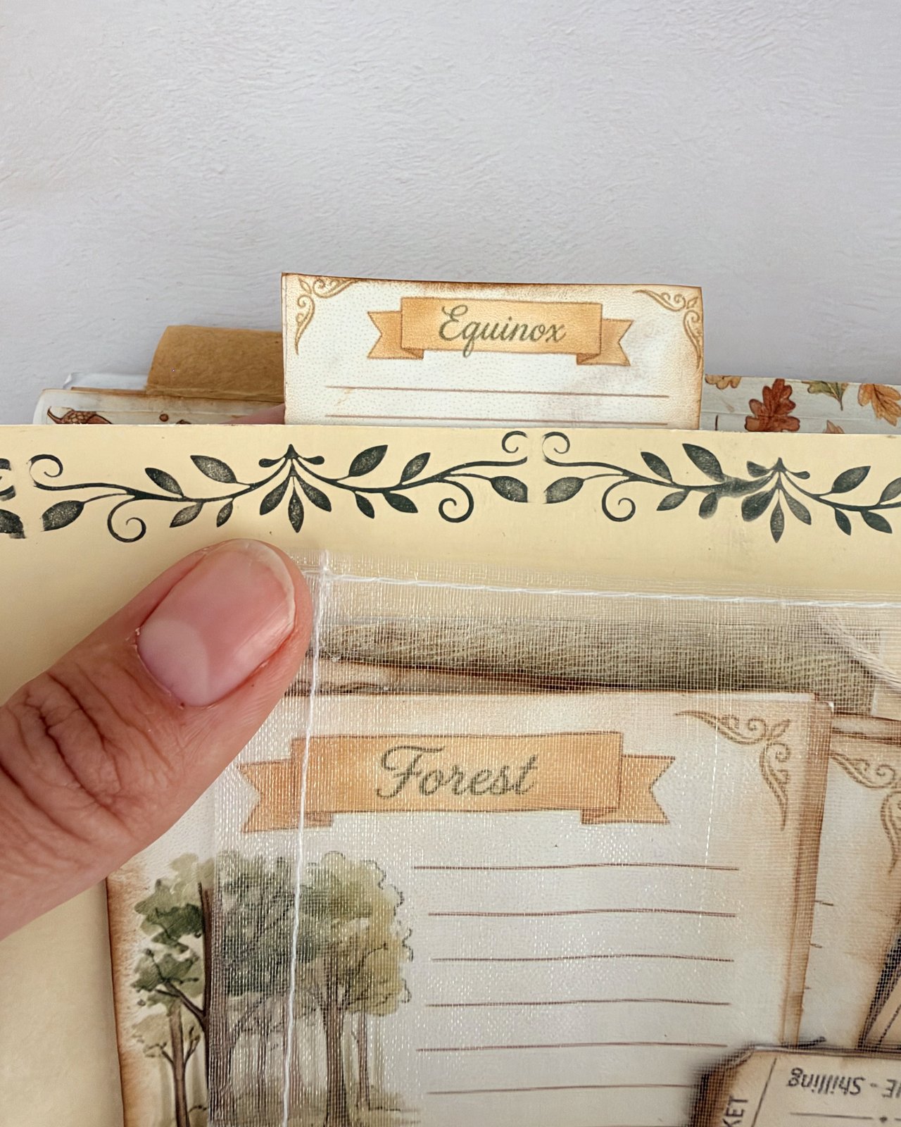 Sheer organza packet holding a Forest journaling card and a ticket