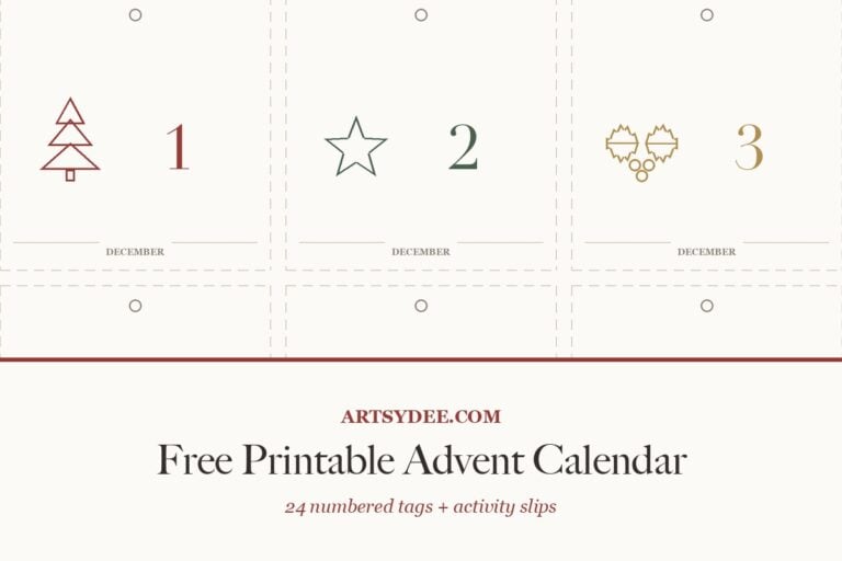 Four printed advent calendar tags on cream paper, numbered 1, 2, 4 and 5, each with a small line-drawn Christmas motif