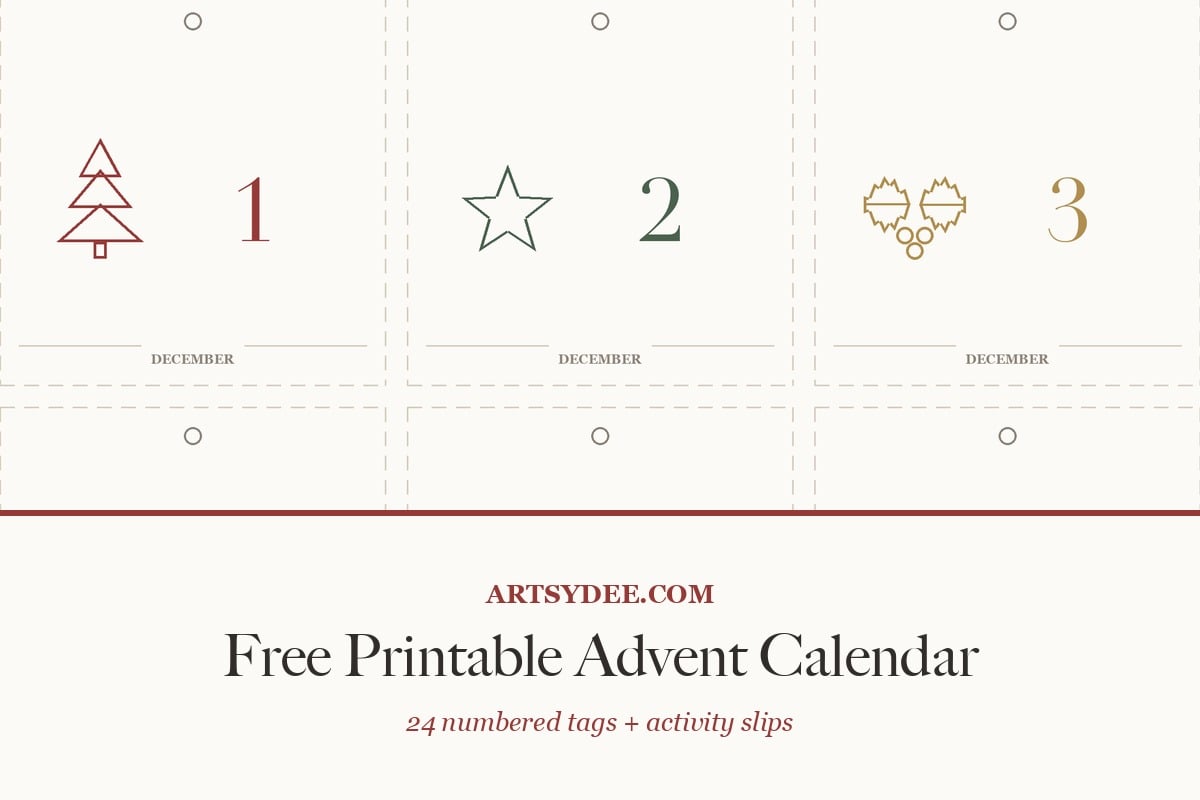 Four printed advent calendar tags on cream paper, numbered 1, 2, 4 and 5, each with a small line-drawn Christmas motif