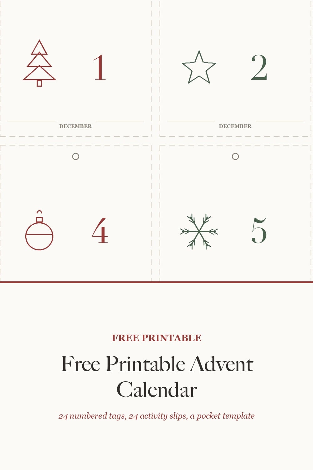 Pinterest pin for the free printable advent calendar: four numbered tags with a tree, a star, a bauble and a snowflake above the title Free Printable Advent Calendar.