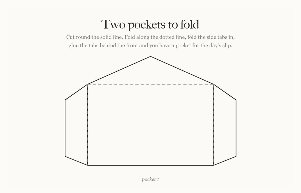 The fold-up pocket template from the free advent calendar set, showing the cut outline, the dotted fold line across the top and the two side tabs, with instructions to cut round the solid line and glue the tabs behind the front.