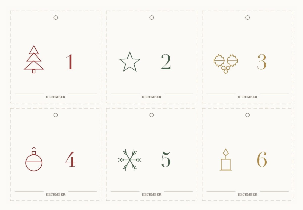 Six printable advent calendar tags numbered 1 to 6, each with a line-drawn motif beside the number - a fir tree, a star, holly, a bauble, a snowflake and a candle - in cranberry, forest green and old gold on cream, with a ruled line and the word December under each.