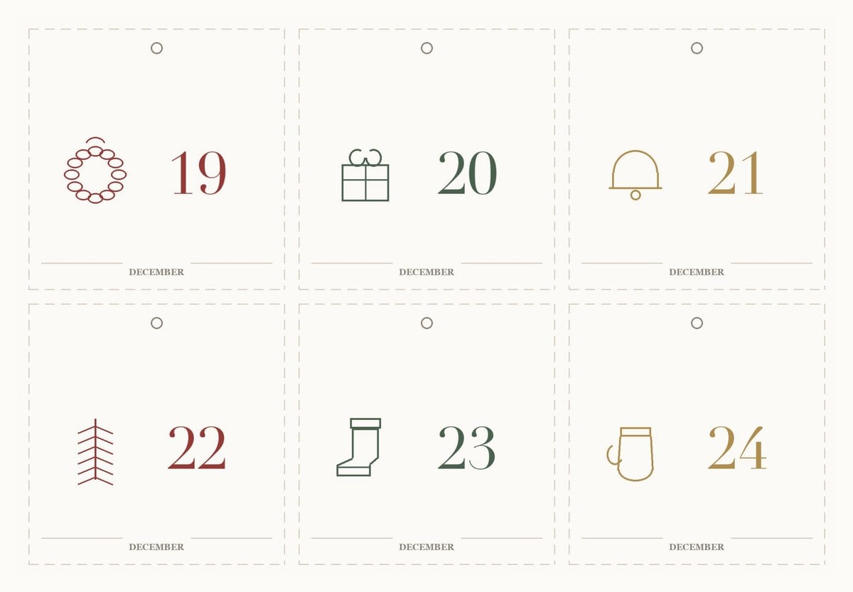 Six printable advent calendar tags numbered 19 to 24 from the second sheet, showing the twelve motifs repeating - a berry wreath, a parcel, a bell, a fir sprig, a stocking and a mitten - drawn in outline on a cream ground.