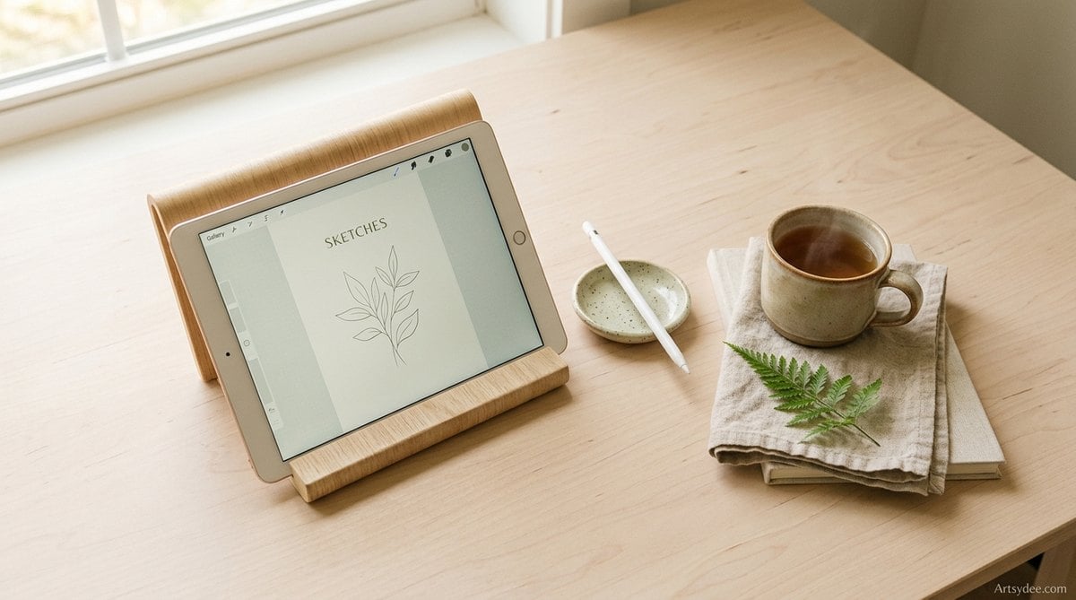 An iPad on a wooden stand with a stylus, set up for drawing