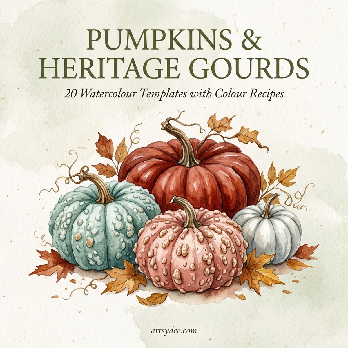 The Pumpkins and Heritage Gourds watercolour template set, showing four painted heirloom pumpkins in red, blue-green, pink and white