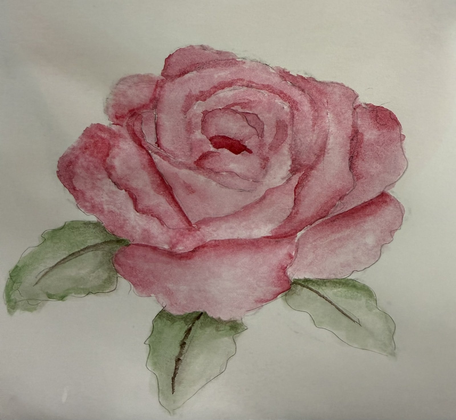 Soft pink watercolour rose with layered petals and deeper rose edges where the petals turn, with three pale green leaves, painted by reader Avalyn.
