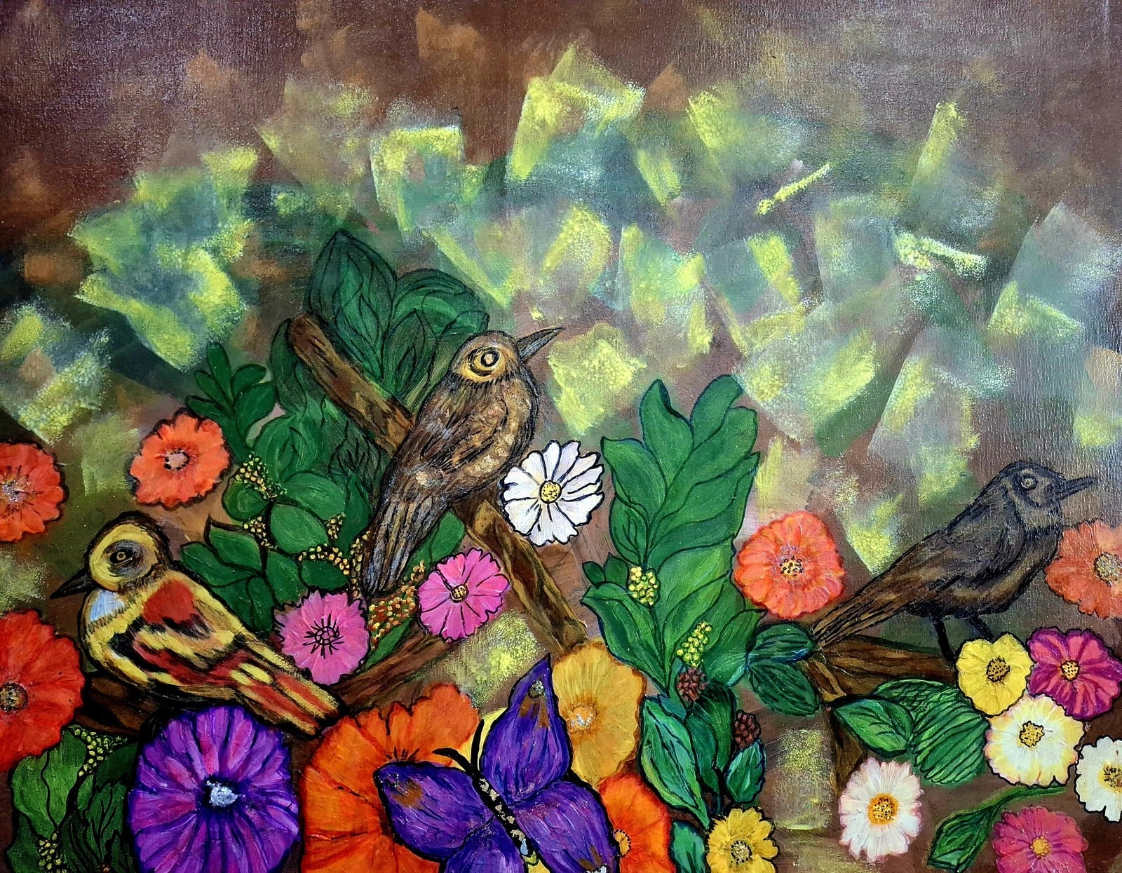 Garden Symphony - acrylic panel by reader Brigette R., with three birds perched among zinnias, daisies and a purple butterfly, against a background worked in pale gold and green patches.
