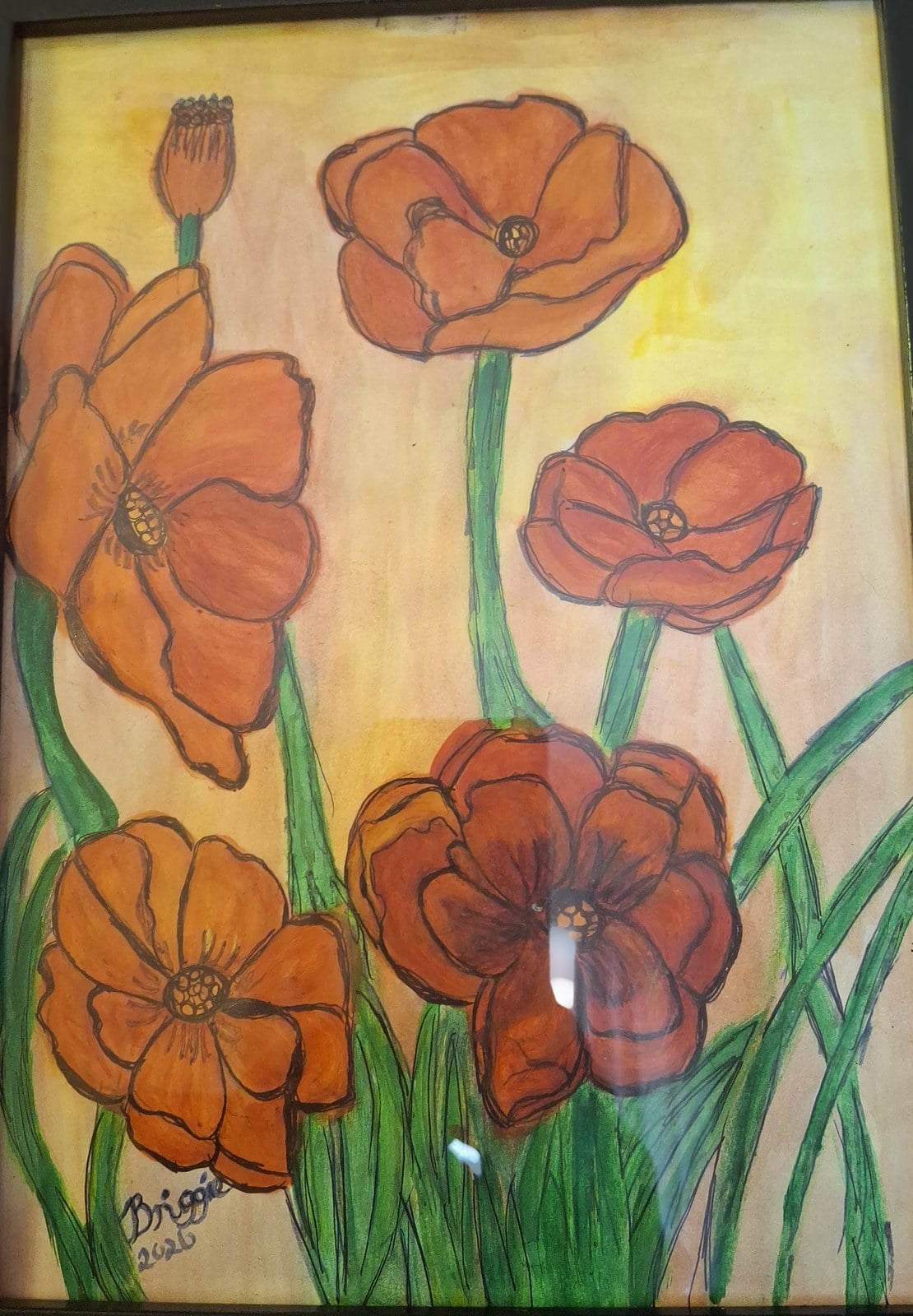 Warm orange poppies with green blades of grass pushing up between the stems, painted by reader Brigette.