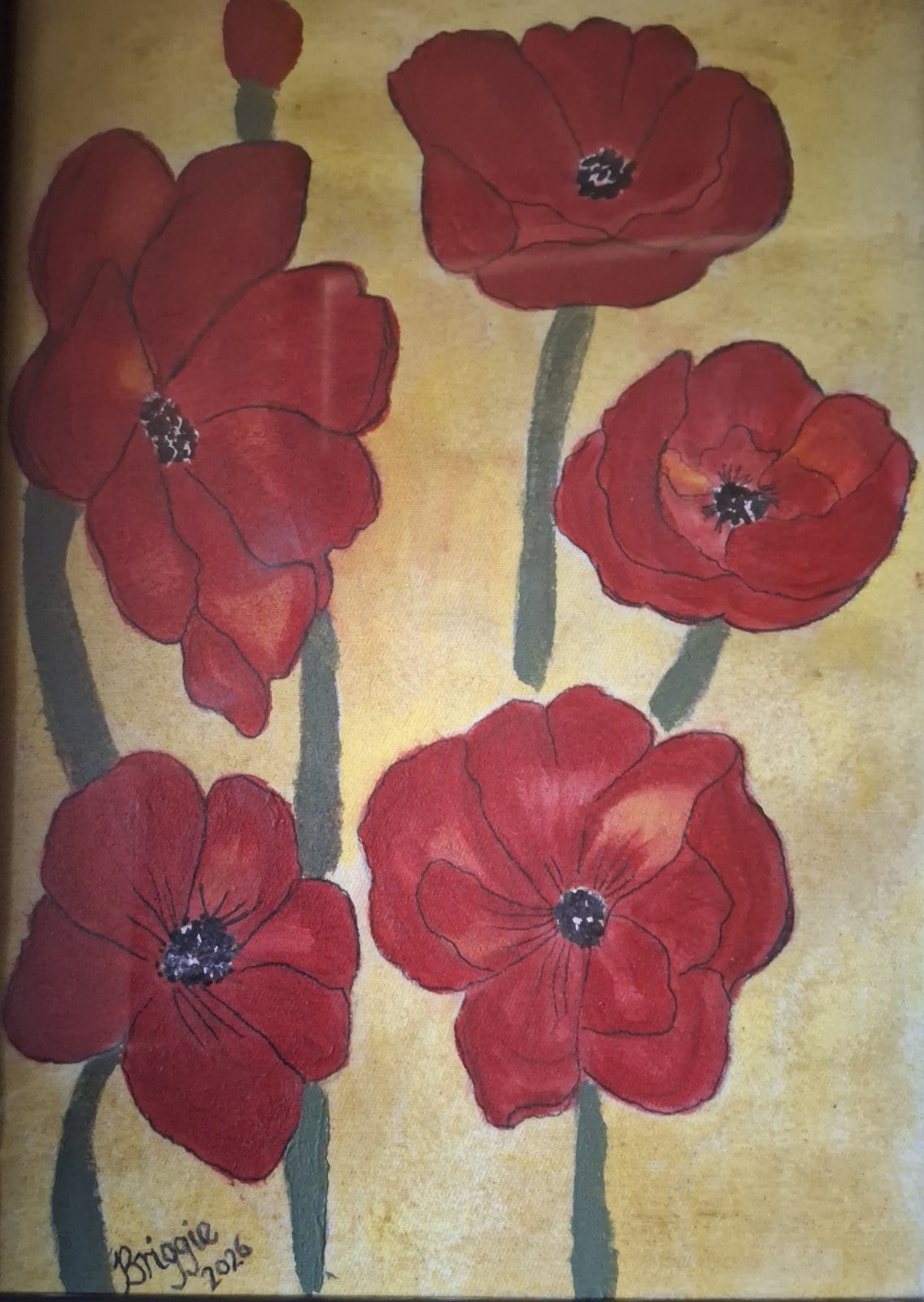 Five deep red poppies on a golden ground, each with a dark seeded centre and fine black outlines, painted by reader Brigette.