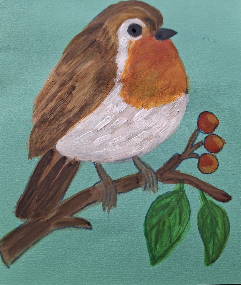 Robin with an orange breast on a berried branch, painted in gouache on green card by reader Brigette R.