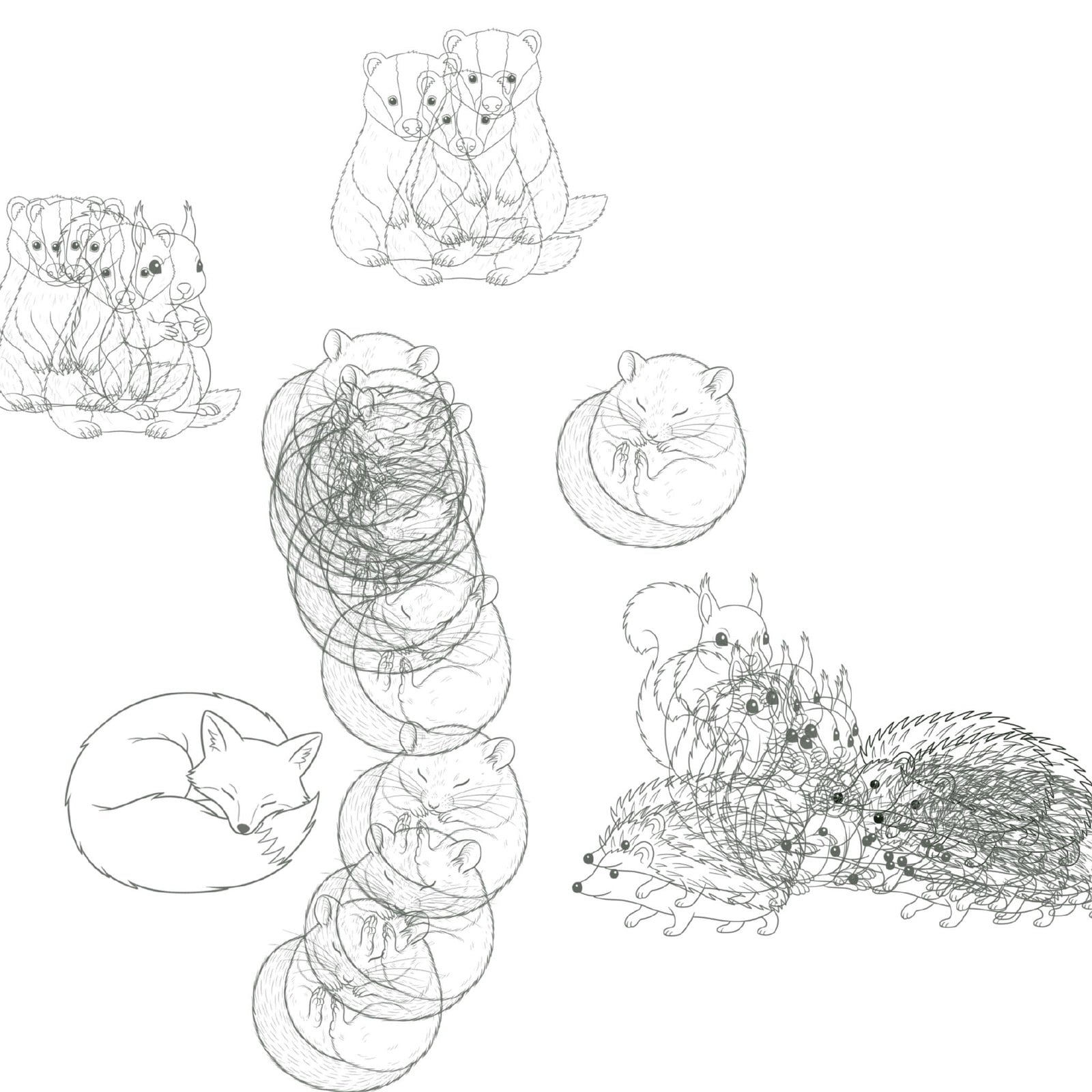 Procreate canvas of woodland animal stamps - a sleeping fox, badgers, a squirrel family, curled dormice and hedgehogs - stamped, repeated and scribbled over in looping pencil lines by Riley, age 3.