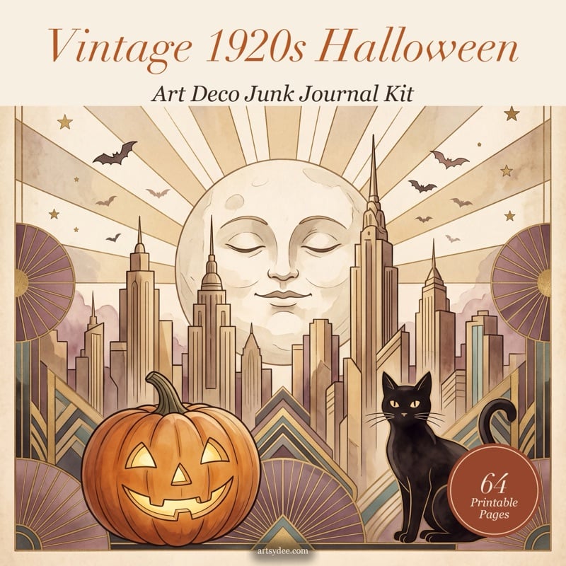 Vintage 1920s Halloween art deco junk journal kit cover with a paper moon, pumpkin and black cat, 64 printable pages