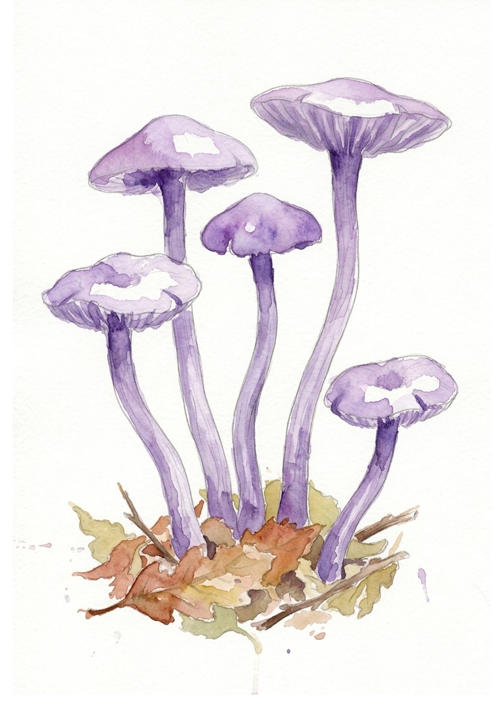 Painted reference of a cluster of purple watercolor amethyst deceiver mushrooms among autumn leaves