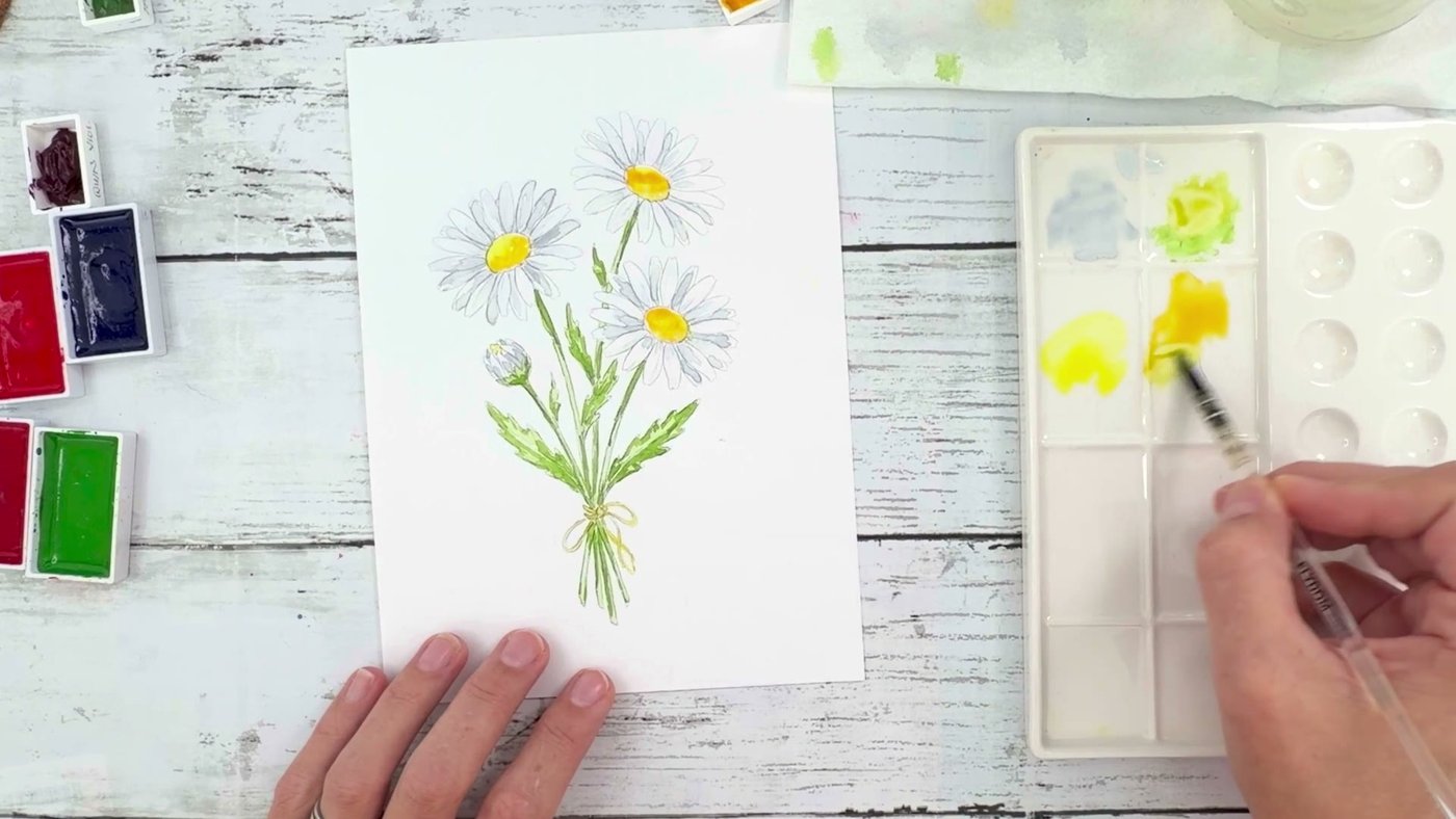 The daisy bunch with sap green stems and leaves painted in