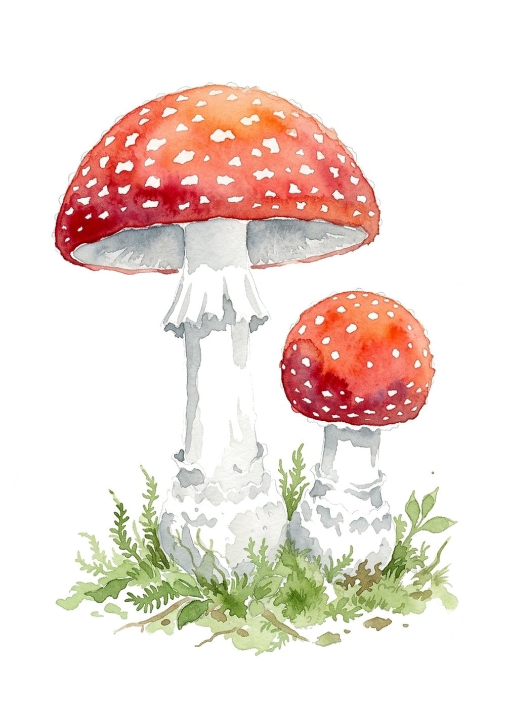 Painted reference of a red watercolor fly agaric toadstool with white spots, standing in green moss