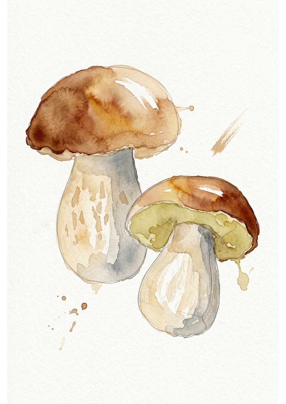 Painted reference of a watercolor penny bun mushroom with a golden brown cap, soft grey stem and khaki underside
