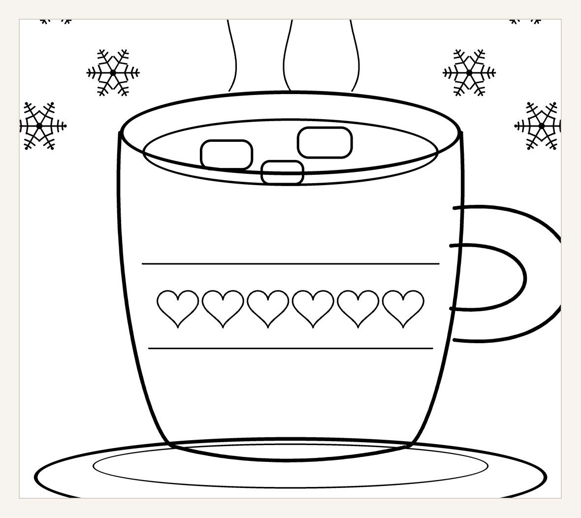 Close view of the hot cocoa coloring page with a mug and three marshmallows