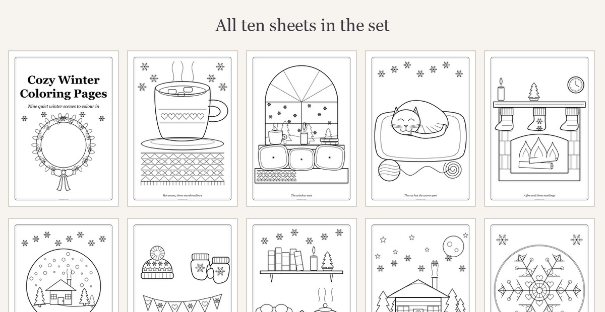All ten sheets in the free winter coloring pages set shown as a grid