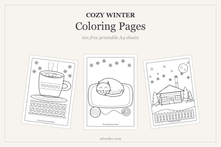 Three free winter coloring pages fanned out - a hot cocoa mug, a sleeping cat and a cabin in the pines