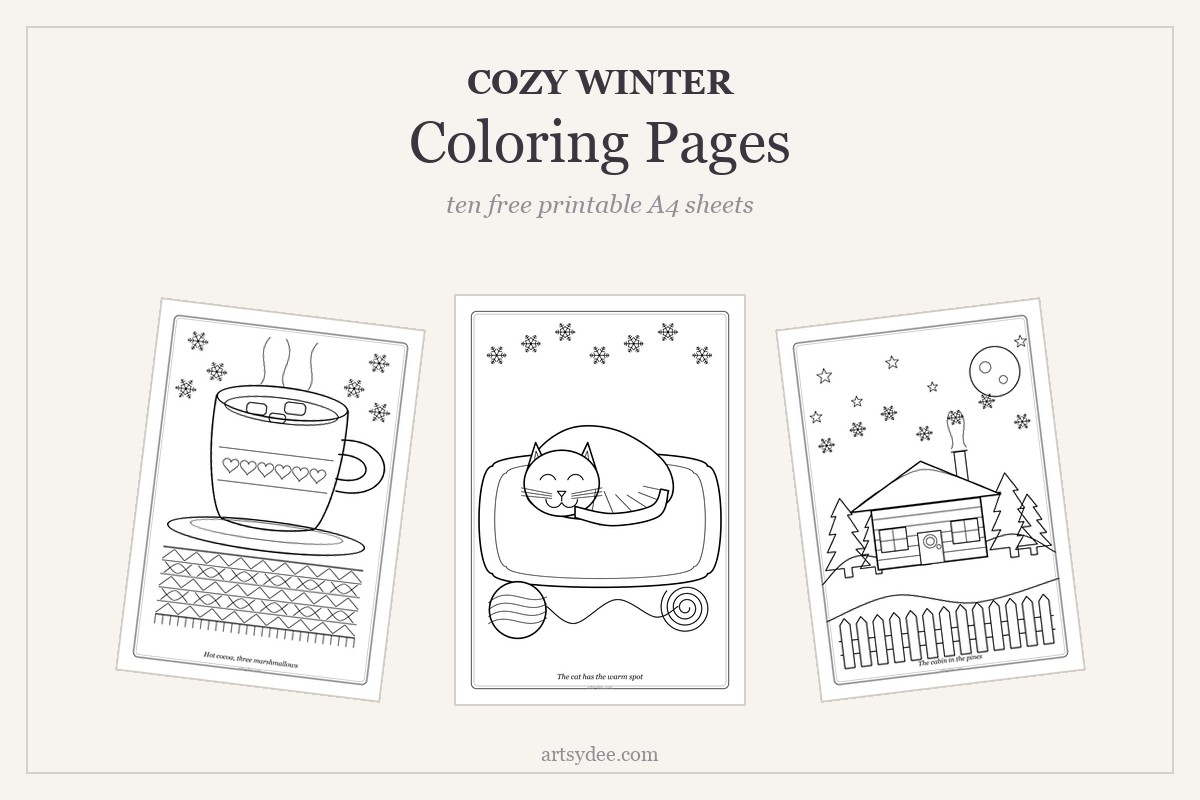 Three free winter coloring pages fanned out - a hot cocoa mug, a sleeping cat and a cabin in the pines