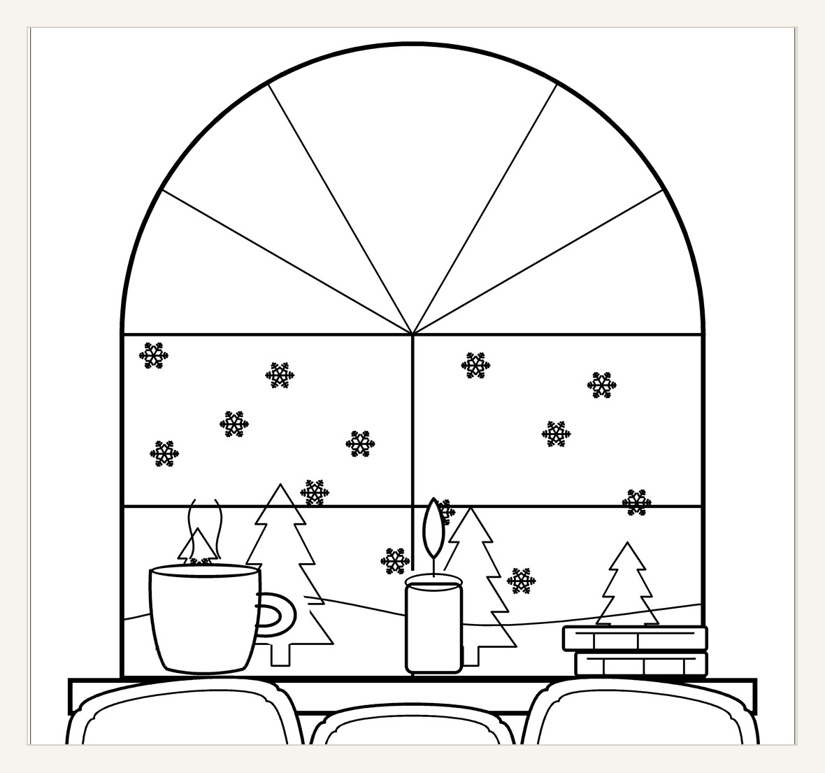 Close view of the window seat coloring page with a snowy arched window