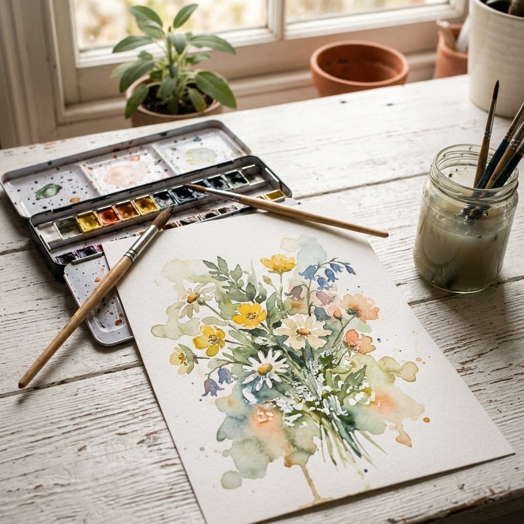 A loose, joyfully imperfect wonky watercolour of wildflowers drying on a whitewashed desk beside a student paint tin and a jar of water