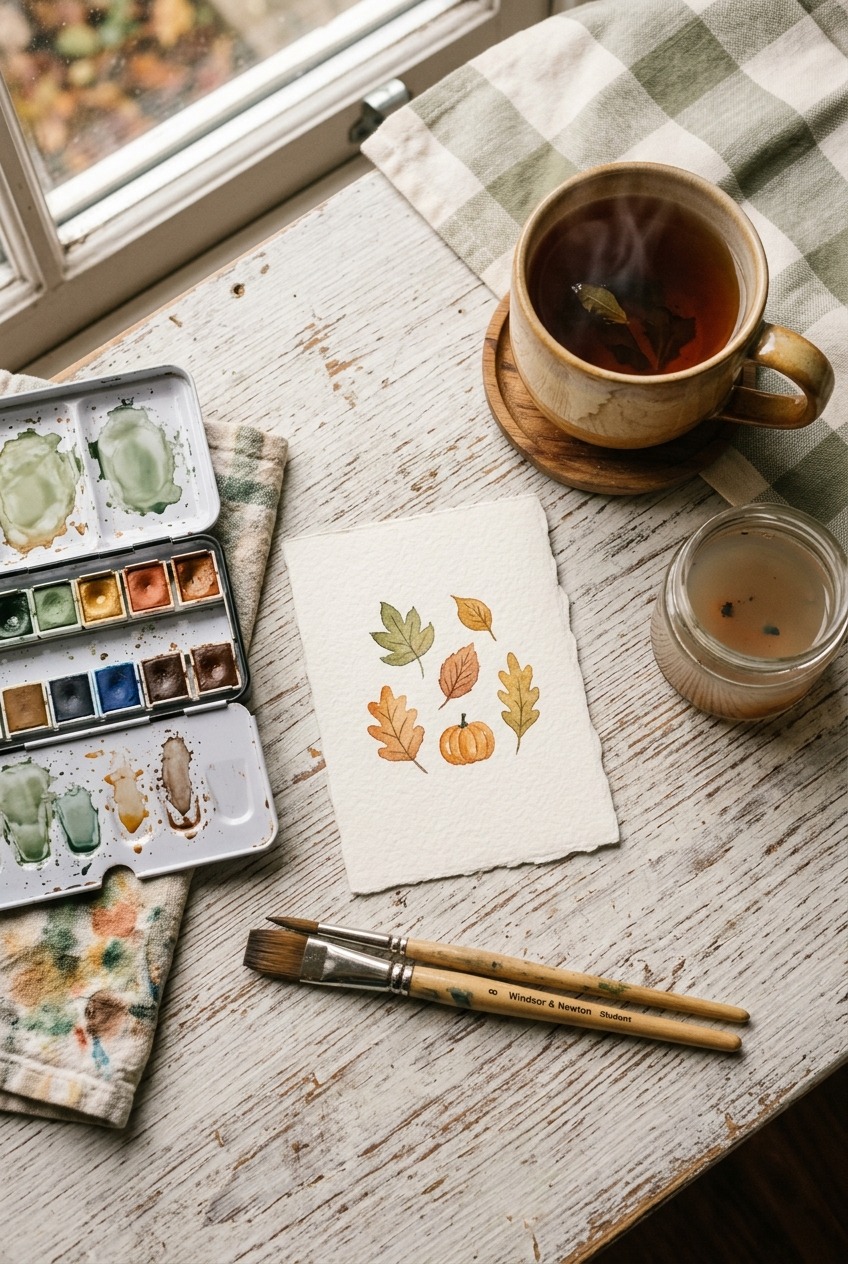 A cosy flat-lay of a beginner watercolour afternoon with a finished wonky painting, paints, brushes and a mug of tea