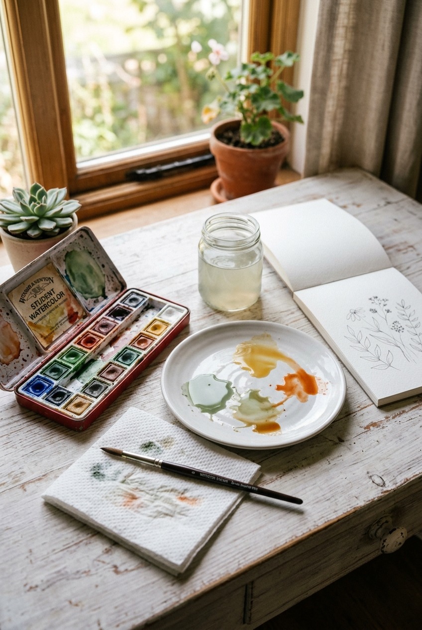 A humble beginner watercolour setup — old student paints, one round brush, a glass jar of water, kitchen towel and a white plate palette